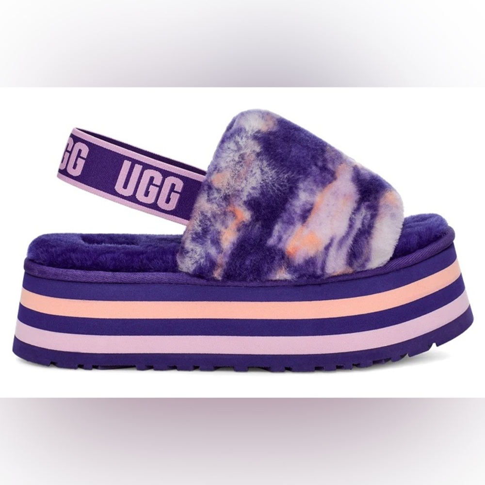 UGG 🍑Midnight DiscoPlush Platform Slides in Purple and Peach Tie-Dye Platform - Picture 4 of 9